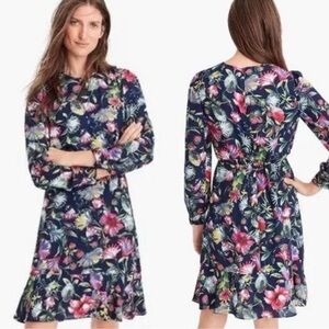 J. Crew Navy Painted Floral‎ Flouncy Hem Dress Long Sleeve Pleated Wedding 14